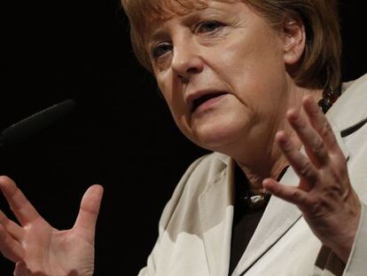 La canciller Merkel da un discurso el s&aacute;bado en Darmstadt.