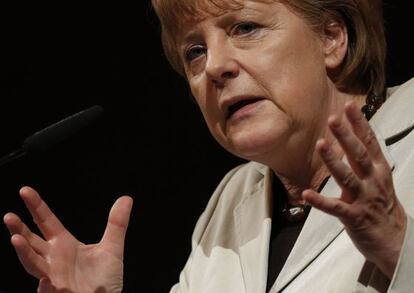 La canciller Merkel da un discurso el sábado en Darmstadt.