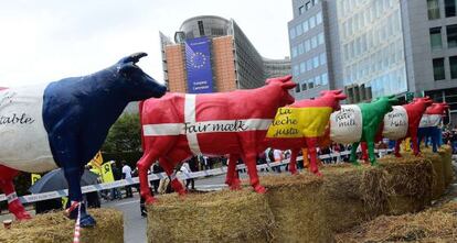 Miles de agricultores protestan en Bruselas por el bajo precio de la leche.