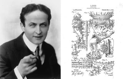 O mágico Houdini, mestre do escapismo e “o homem impossível de encerrar”, como diziam os cartazes que promoviam seus espetáculos, <a href="https://patentimages.storage.googleapis.com/c5/a9/b0/a041a406cea906/US1370316.pdf" rel="nofollow" target="_blank">desenhou em 1917 esta roupa de mergulho “mais fácil de tirar”</a>, dizia a documentação. O objetivo não era tanto surpreender o público com seu truque “ainda mais difícil”, mas garantir que um submarinista pudesse se desfazer rapidamente do traje em caso de emergência e chegar à superfície são e salvo. Embora ele talvez o utilizasse também em números de mágica.