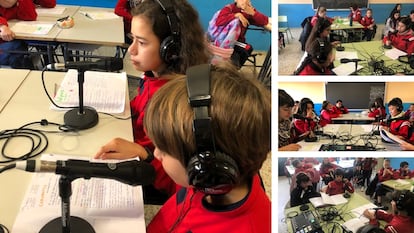 Estudiantes de segundo y tercer ciclo de Educación Primaria en el aula de grabación de podcasts.