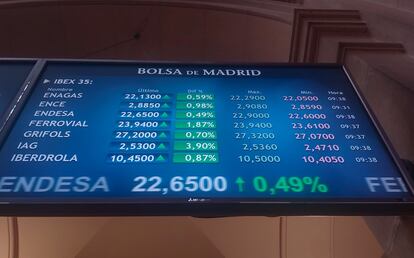 Vista de algunos de los valores del Ibex 35 en el parqué de la Bolsa de Madrid este jueves.