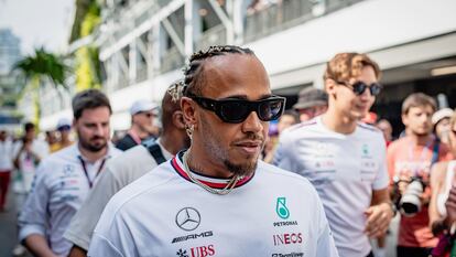 British Formula One driver Lewis Hamilton walks ahead of a practice session of the Singapore Formula One Grand Prix race, in Singapore, September 16, 2023.