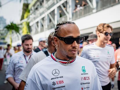 British Formula One driver Lewis Hamilton walks ahead of a practice session of the Singapore Formula One Grand Prix race, in Singapore, September 16, 2023.