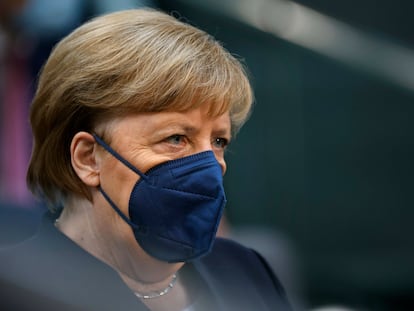 Chancellor Angela Merkel, recorded as part of the swearing-in ceremony of the new federal government in Berlin, December 8th, 2021. after the coalition agreement between the SPD, FDP and the Greens was signed yesterday, the new chancellor and ministers will be appointed and sworn in today. Copyright: Florian Gaertner / photothek.de *** Local Caption *** .