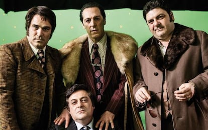 Marcello Mazzarella, Guglielmo Rubino, Domenico Centamore y Maurizio Bologna en la película de Sabina Guzzanti.