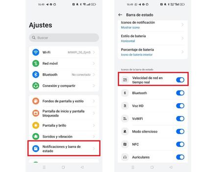 ver  la velocidad de red en la barra de estado de tu teléfono Realme