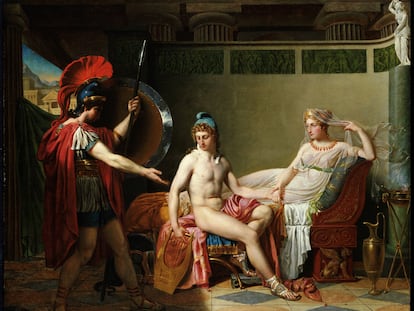 Héctor amonesta a Helena y Paris, en una obra de 1820 del artista belga Jan Ferdinand Heyndrickx.