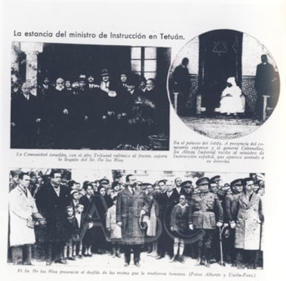 Página de <i>ABC</i> del 30 de diciembre de 1931 en la que se publicó la visita de Fernando de los Ríos a Tetuán. El primero por la izquierda en la fotografía de abajo es Federico García Lorca.