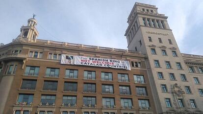 One of the banners hanging today in the Plaza Catalunya in Barcelona.