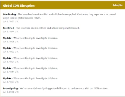 Captura del goteo de actualizaciones sobre el incidente en la página de Fastly