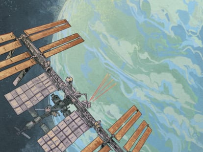 Ilustración de la Estación Espacial Internacional desde donde GEDI dispara rayos láser a la Amazonia y a otros bosques del planeta.