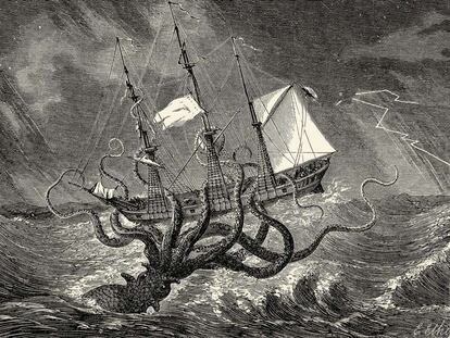 Grabado del siglo XIX que muestra un pulpo atacando un buque.