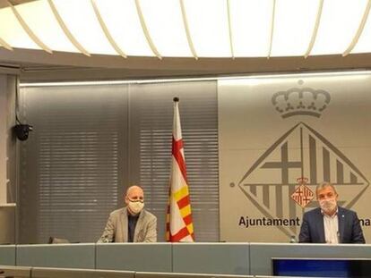 El director de Barcelona Activa, Fèlix Ortega, i el primer tinent d'alcalde, Jaume Collboni, presenten el projecte Barcelona Accelera.