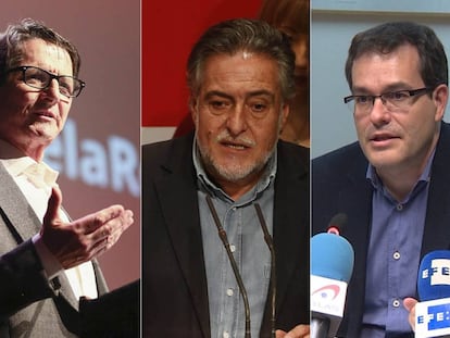 Manuel de la Rocha (i), Pepu Hernández y Chema Dávila, los tres aspirantes a la candidatura socialista al Ayuntamiento de Madrid