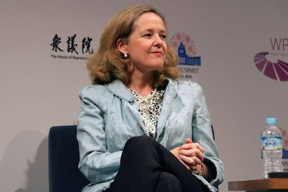 La ministra española de Economía, Nadia Calviño, en Tokio