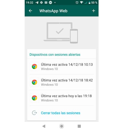 Desde aquí podemos cerrar las sesiones de WhatsApp Web activas