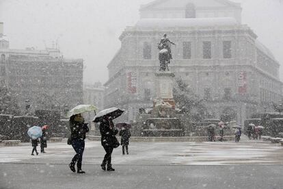 Nevada en la plaza de Oriente de Madrid, el 5 de febrero de 2018.