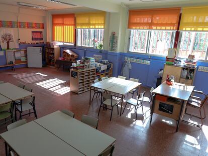Un aula completamente vacía de un colegio de la Comunidad de Madrid.