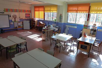 Un aula completamente vacía de un colegio de la Comunidad de Madrid.