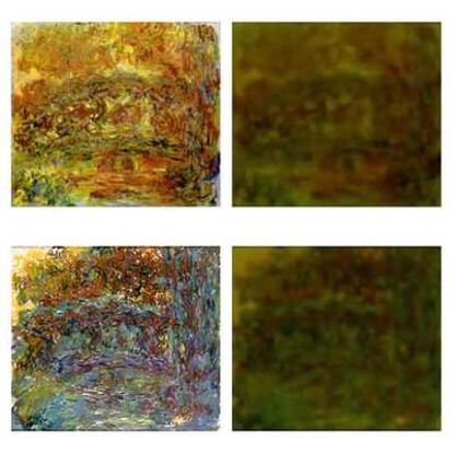 Los cuadros de la izquierda los pintó Monet con cataratas; a la derecha, cómo veía el artista estas obras.