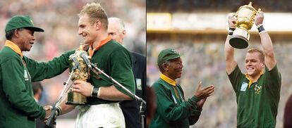 A la izquierda, Mandela felicita a François Peinaar, capitán del equipo surafricano de rugby tras ganar el mundial. A la derecha, recreación en 'Invictus' de ese momento (fotografía: David Rogers).