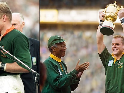 A la izquierda, Mandela felicita  a François Peinaar, capitán del equipo surafricano de rugby tras ganar el mundial.  A la derecha, recreación en 'Invictus' de ese momento (fotografía: David Rogers).