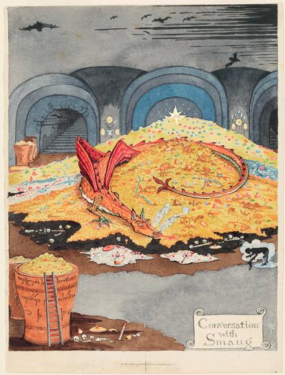  'Conversation with Smaug', acuarela pintada por Tolkien en 1937 como ilustración para la primera edición americana de 'El Hobbit'.