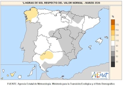 Porcentaje de horas de sol en marzo respecto a los valores medios. AEMET