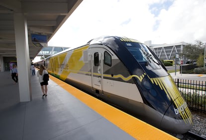 The Brightline train waits at a station in Fort Lauderdale, Florida