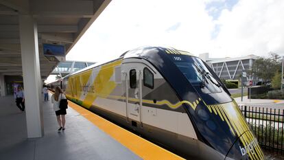 The Brightline train waits at a station in Fort Lauderdale, Florida, in January 2018.