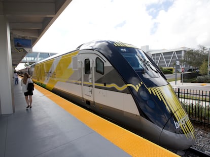 The Brightline train waits at a station in Fort Lauderdale, Florida, in January 2018.