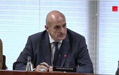 José Manuel Ruano de la Fuente, codirector del Máster de la Universidad Complutense de Madrid, durante su comparecencia en la Asamblea de Madrid este miércoles.