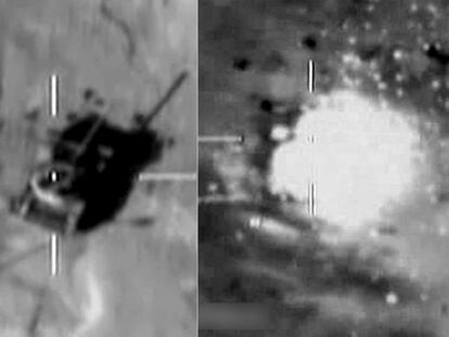 Un avión Tornado apunta a un vehículo militar libio antes de disparar contra él.