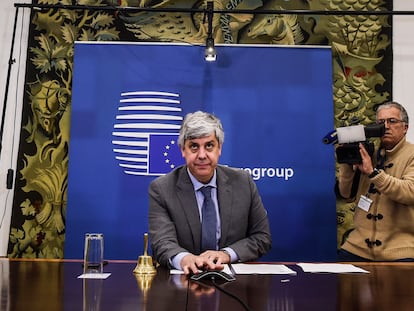 El presidente del eurogrupo, Mario Centeno, durante una conferencia de prensa en Lisboa, este jueves.