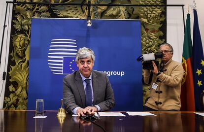 El presidente del eurogrupo, Mario Centeno, durante una conferencia de prensa en Lisboa, este jueves.