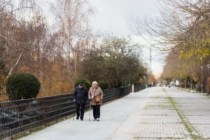 Una pareja pasea por el nuevo carril bici de la avenida Isabel la Católica.