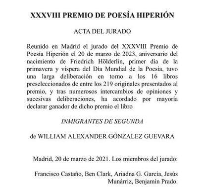 El fallo del jurado para la entrega del XXXVIII premio de poesía Hiperión.