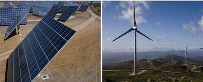 Placas de la mayor central solar del mundo, en el Alentejo, y parque eólico en el Alto Miño.