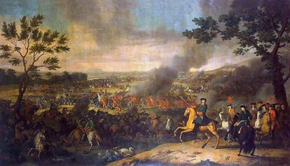 Panor&aacute;mica de la batalla de Poltava seg&uacute;n el pintor franc&eacute;s Louis Caravaque. En primer plano, espada en mano, el zar Pedro I.