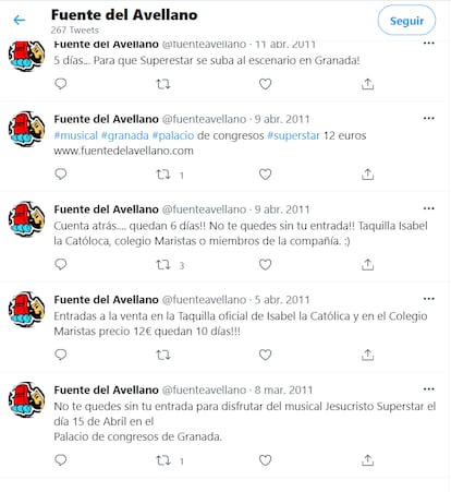 Perfil de Twitter de la asociación de Guillermo García que muestra su vinculación con el colegio en 2011, al año siguiente de una denuncia por abusos contra él: además de realizar los ensayos en sus instalaciones, la venta de entradas era en el propio colegio.