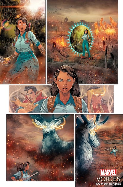 Arte interna de 'Marvel's Voices: Comunidades'. Nina la prestidigitadora protagoniza la historia 'Fate and the Sorcerer Supreme', producida por el escritor Juan Ponce, el dibujante Wilton Santos, el tintas Sean Parsons y el colorista Dijjo Lima.

