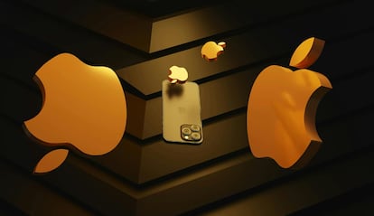 iPhone rodeado de logotipos de Apple con fondo negro