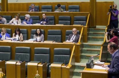 El parlamentario de EA, Juanjo Agirrezabala, en la tribuna de la Cámara. Al fondo, los escaños del PNV.