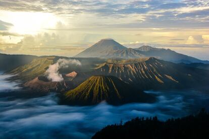 No se encuentra entre los volcanes más grandes de Indonesia (mide 2.329 metros), pero sí es uno de los más activos –acumula más de 50 erupciones en el último cuarto de siglo, la más reciente en 2011–, y probablemente el más bello. Visitantes de todo el mundo acuden al vecino monte Penanjakan para ver los espectaculares amaneceres sobre el Monte Bromo (en la foto, abajo a la izquierda, humeante), parte del macizo de Tengger, al este de Java. Aparece con sus volutas de humo blanco elevándose al cielo, flanqueado por los montes Batok (inactivo) y Semeru, que alcanza los 3.676 metros de altura y es uno de los volcanes más activos del país.