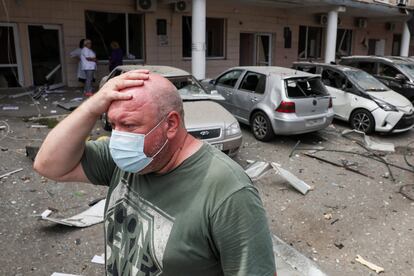 A man reacts after the Russian attack on Monday at the Ohmatdyt children's hospital in kyiv.