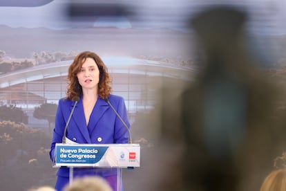 La presidenta de la Comunidad de Madrid, Isabel Díaz Ayuso, este lunes en la presentación del proyecto de del nuevo Palacio de Congresos y recinto ferial de Pozuelo de Alarcón.