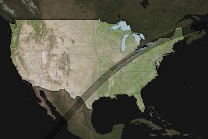 A map from the NASA Eclipse Explorer website shows the path of the April 8, 2024 total solar eclipse over North America.