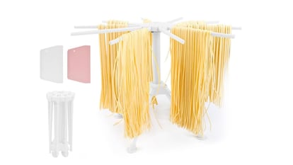 Este soporte secador para pasta dispone de 10 brazos extensibles en círculo y tiene una capacidad máxima de cinco kilos de pasta.