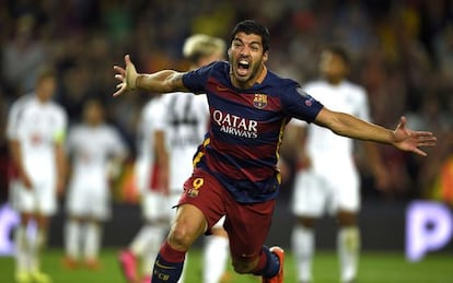 Suárez celebra el gol de la victoria frente al Leverkusen.